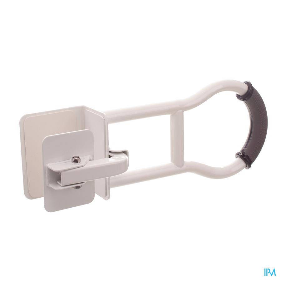 Barre d'appui blanche avec poignée noire. En métal et plastique. Pour montage mural.