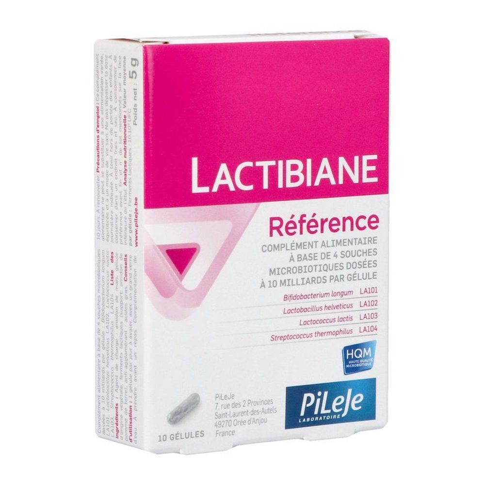 PiLeje Lactibiane Referentie: Doos met 10 capsules, voedingssupplement op basis van 4 microbiotische stammen.