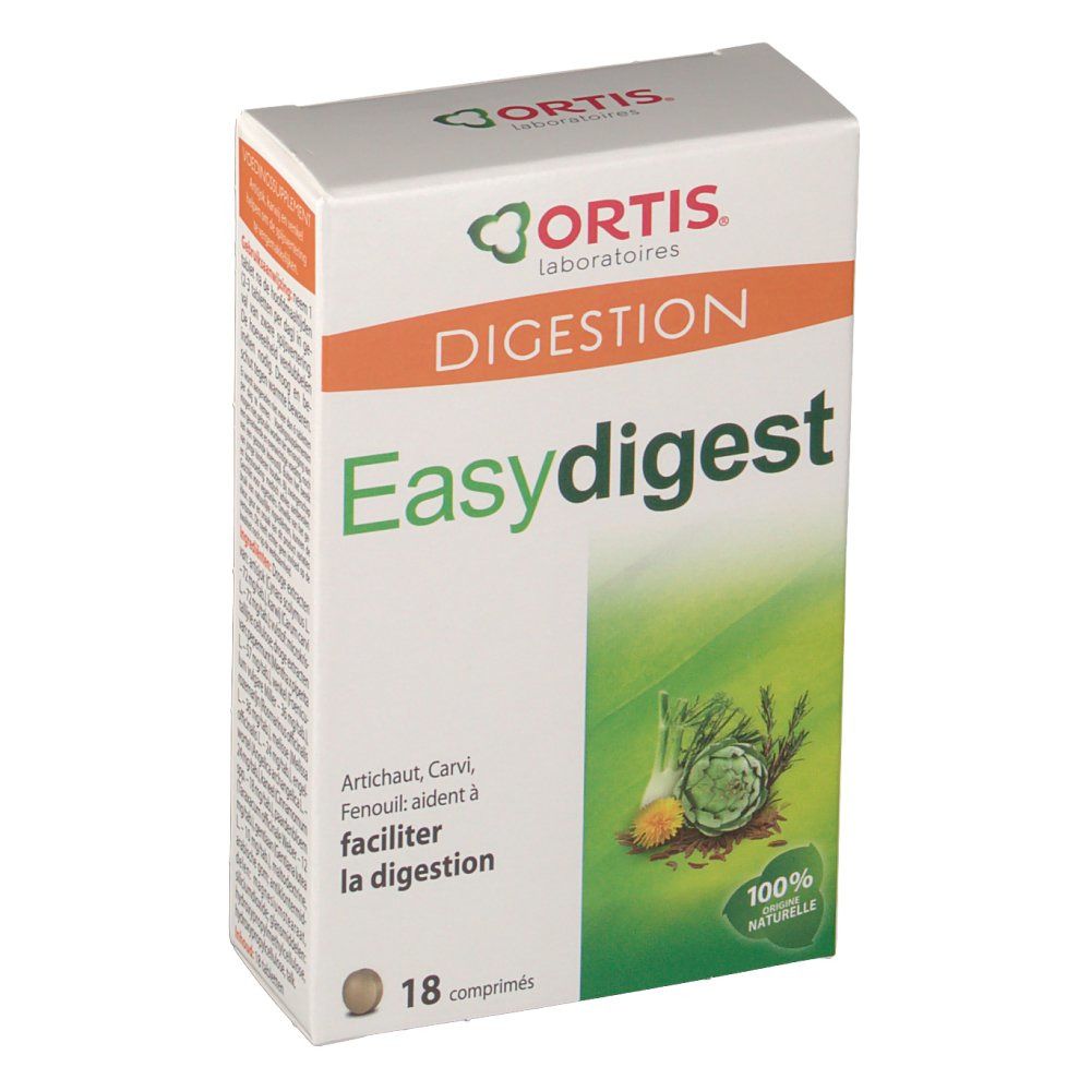 Doosje "Easy digest" tabletten. Merk "Ortis Laboratoires". Groen-wit ontwerp met afbeelding van groenten.