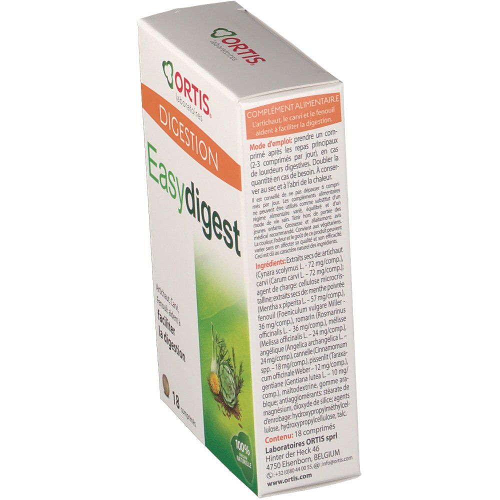 Doosje "Easy digest" met tekst en ingrediënten. Logo "Ortis Laboratoires". Groen-wit ontwerp met groente-illustratie.