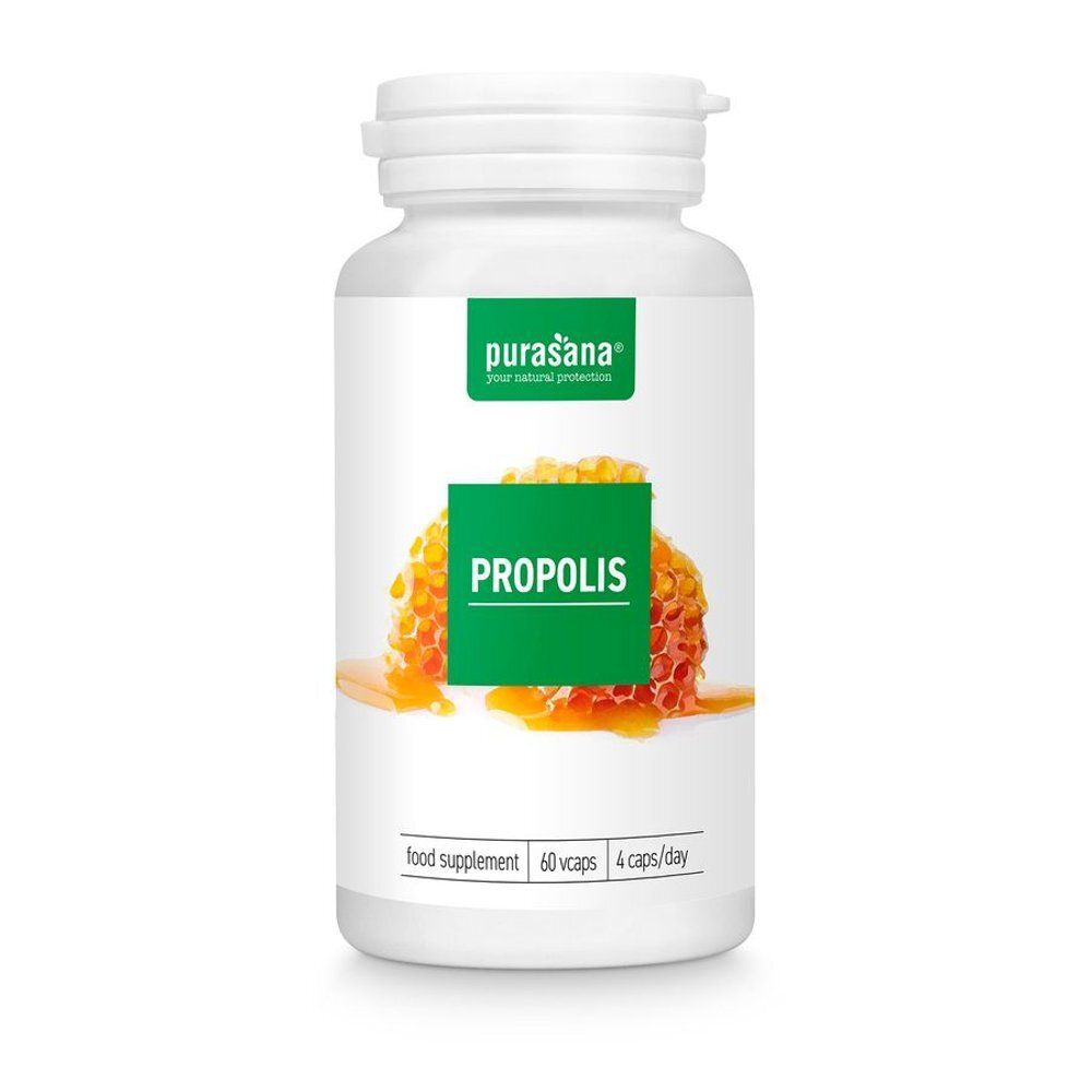Witte fles met groen etiket. Opschrift: Purasana, Propolis. Afbeelding van honingraat. 60 capsules.