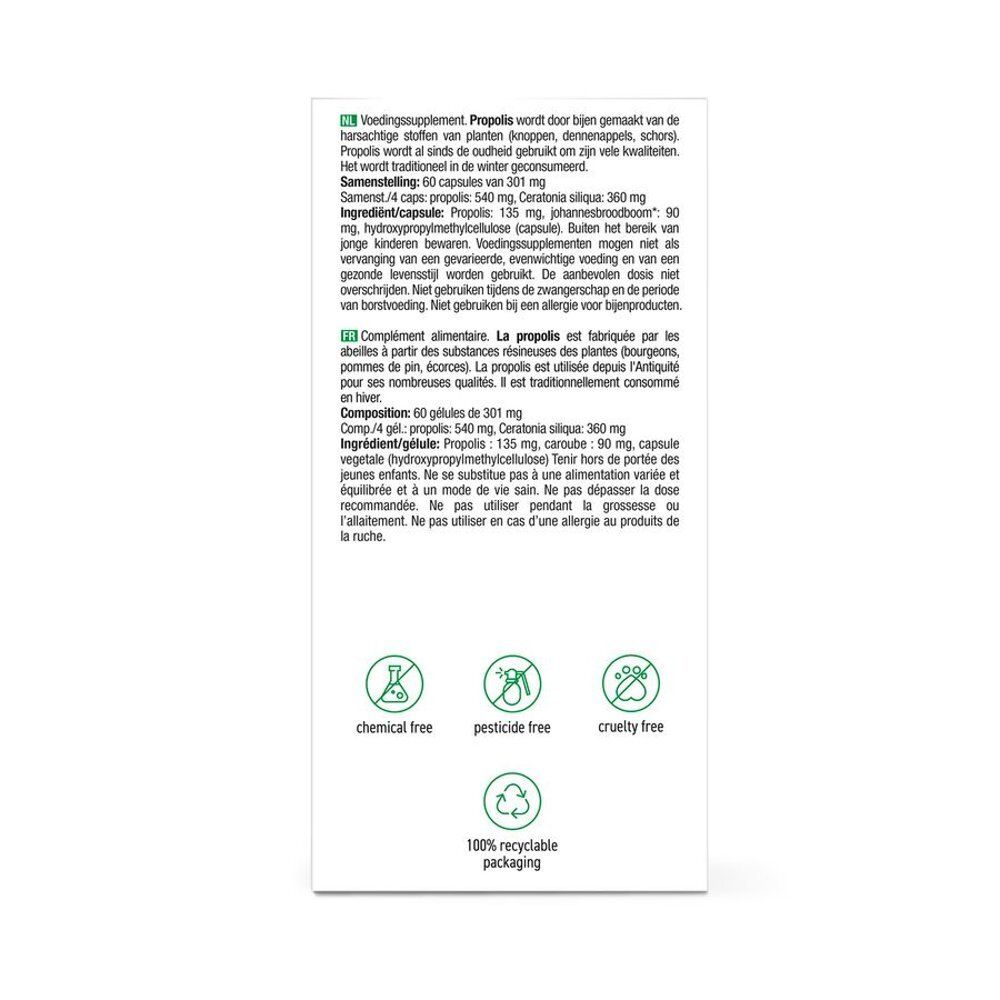 Dos de l'emballage carton. Texte multilingue. Logos: sans produits chimiques, sans pesticides, sans cruauté, 100% recyclable.