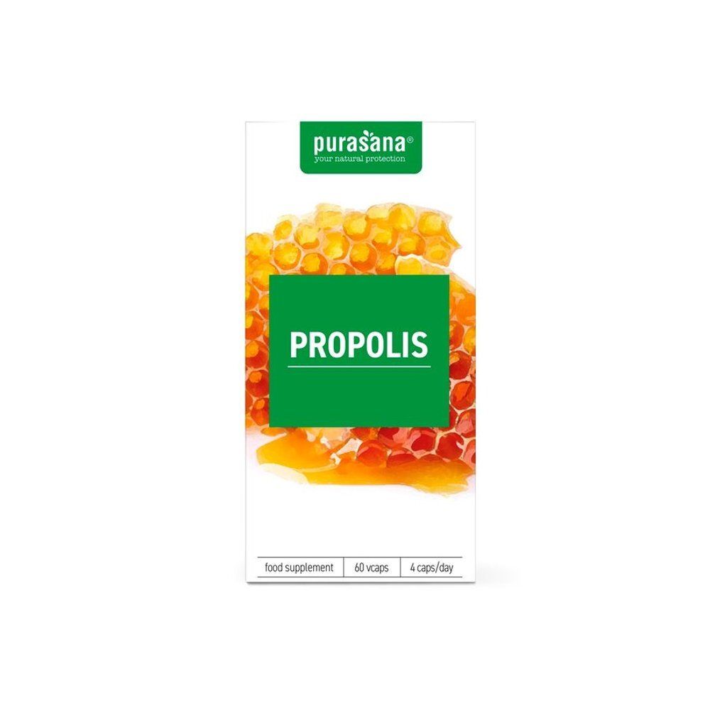 Kartonnen verpakking met groen etiket. Opschrift: Purasana, Propolis. Afbeelding van honingraat. 60 capsules.