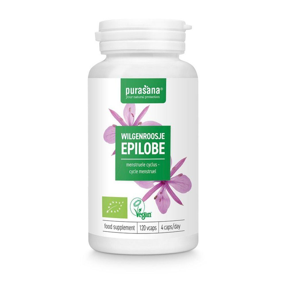 Witte fles met capsules. Etiket met productnaam, paarse bloemen en logo. Vegan certificering en bio-keurmerk.