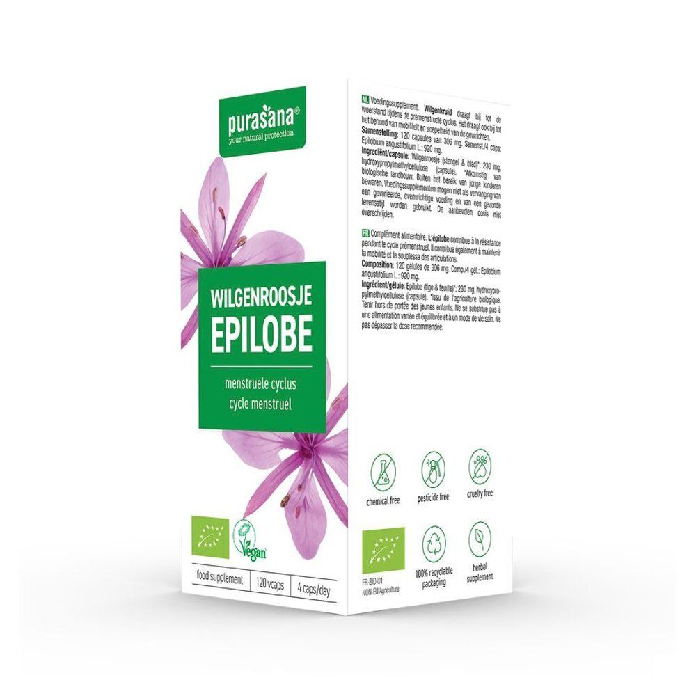 Kartonnen verpakking met productnaam, paarse bloemen en logo. Vegan certificering en bio-keurmerk. Meertalige tekst.