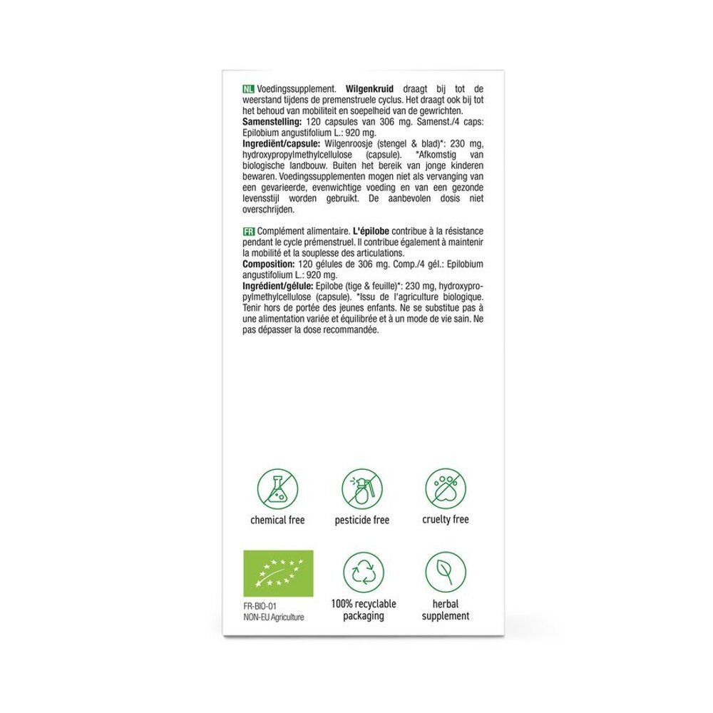 Dos de l'emballage en carton. Texte multilingue. Certification vegan, label bio et autres logos.