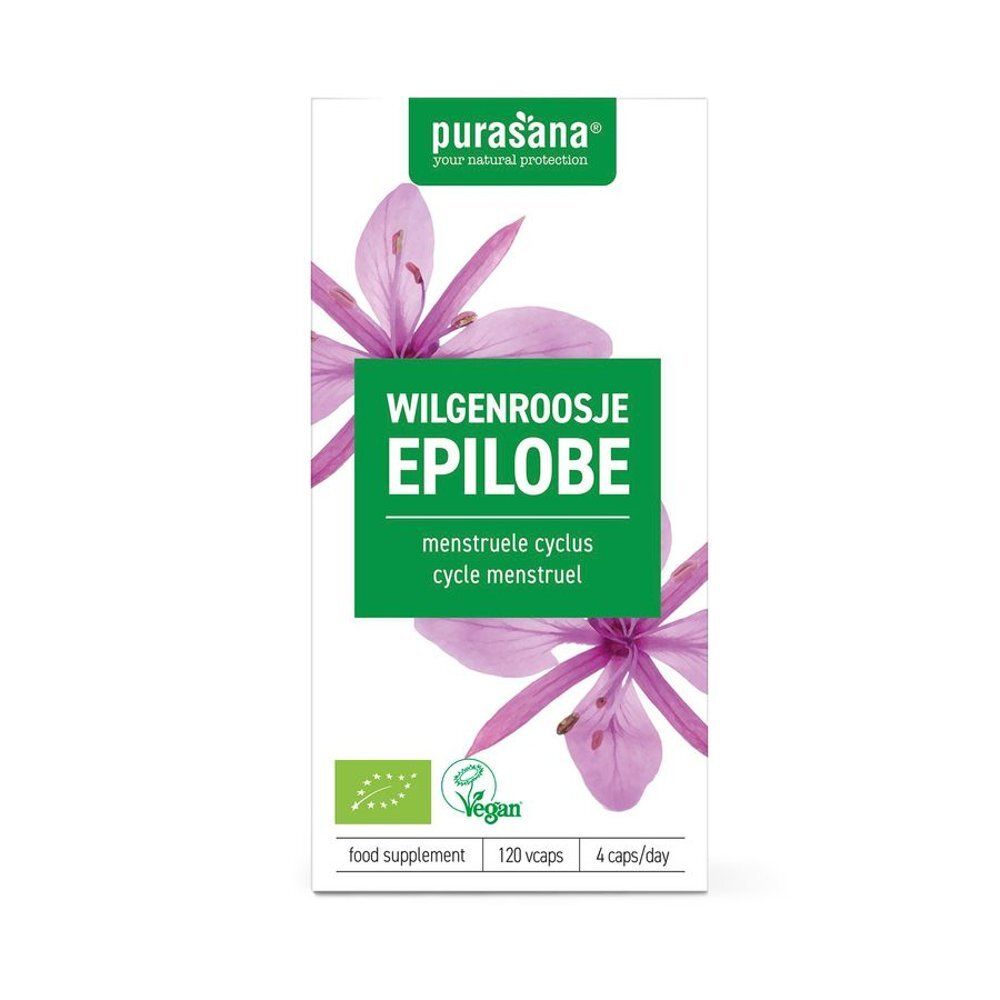 Kartonnen verpakking met productnaam, paarse bloemen en logo. Vegan certificering en bio-keurmerk.