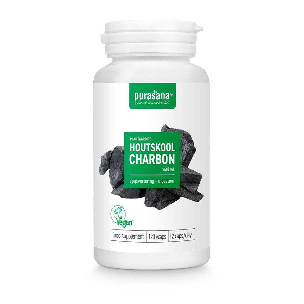 Witte fles met capsules. Opschrift: Purasana, Plantaardige Houtskool Charbon. Vegan logo. 120 capsules.