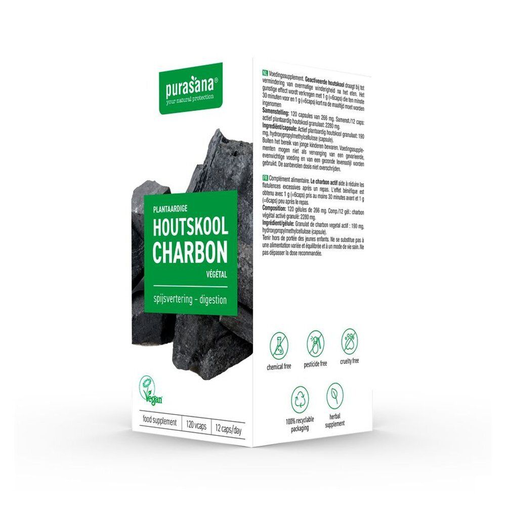 Kartonnen verpakking met opschrift: Purasana, Plantaardige Houtskool Charbon. Vegan logo. 120 capsules. Tekst achterkant.
