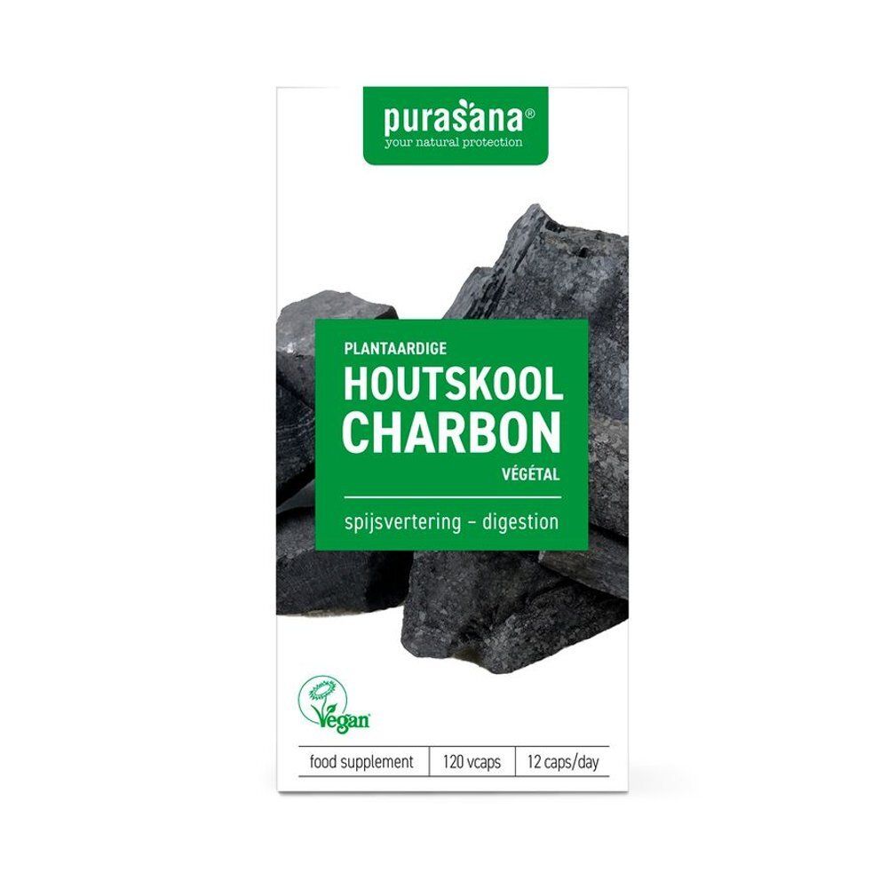 Emballage en carton avec inscription : Purasana, Plantaardige Houtskool Charbon, vegan. Illustration de charbon de bois.