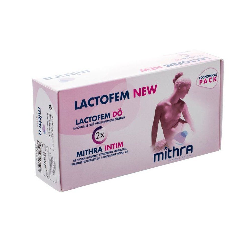 Boîte Lactofem Dö et Mithra Intim. Rose et blanc. Illustration d'une femme. Mention « Economical Pack ».