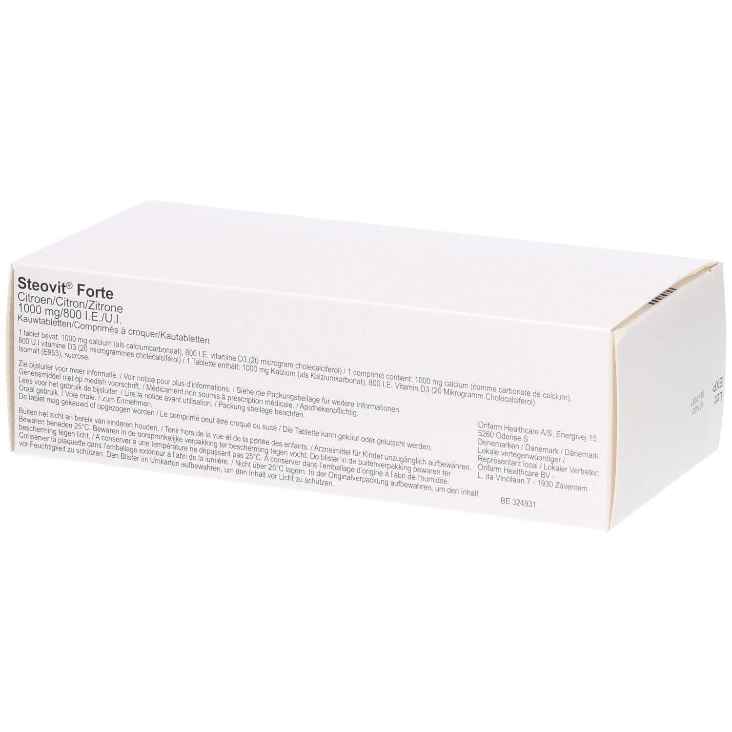 Boîte de comprimés à croquer Steovit Forte, 1000mg de calcium et 800 UI de vitamine D3.