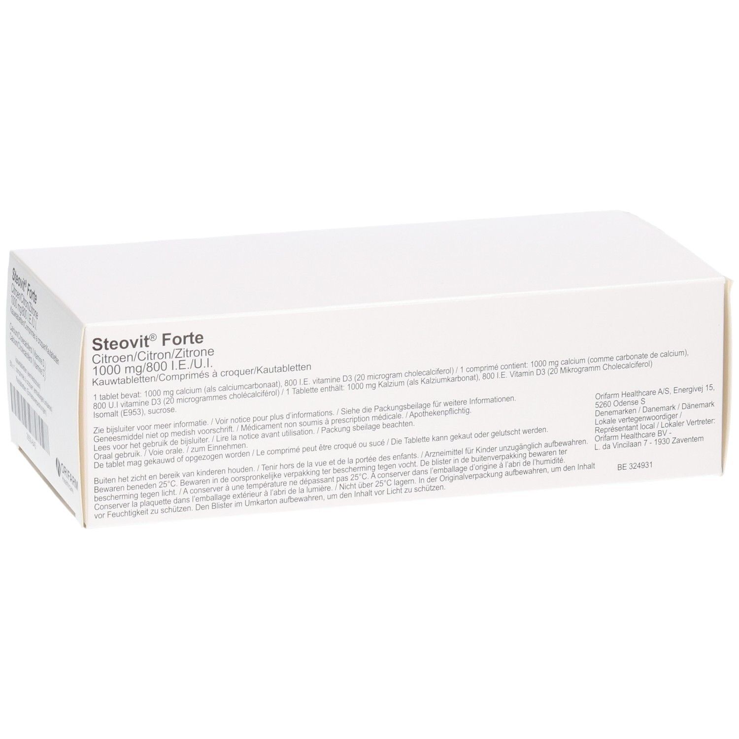 Vue en perspective de la boîte de comprimés à croquer Steovit Forte, avec nom du produit et dosage.