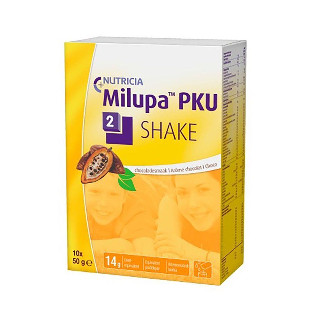 Gele doos Milupa PKU 2 Shake. Illustratie van kinderen. Cacao-illustratie. Tekst: chocoladesmaak.