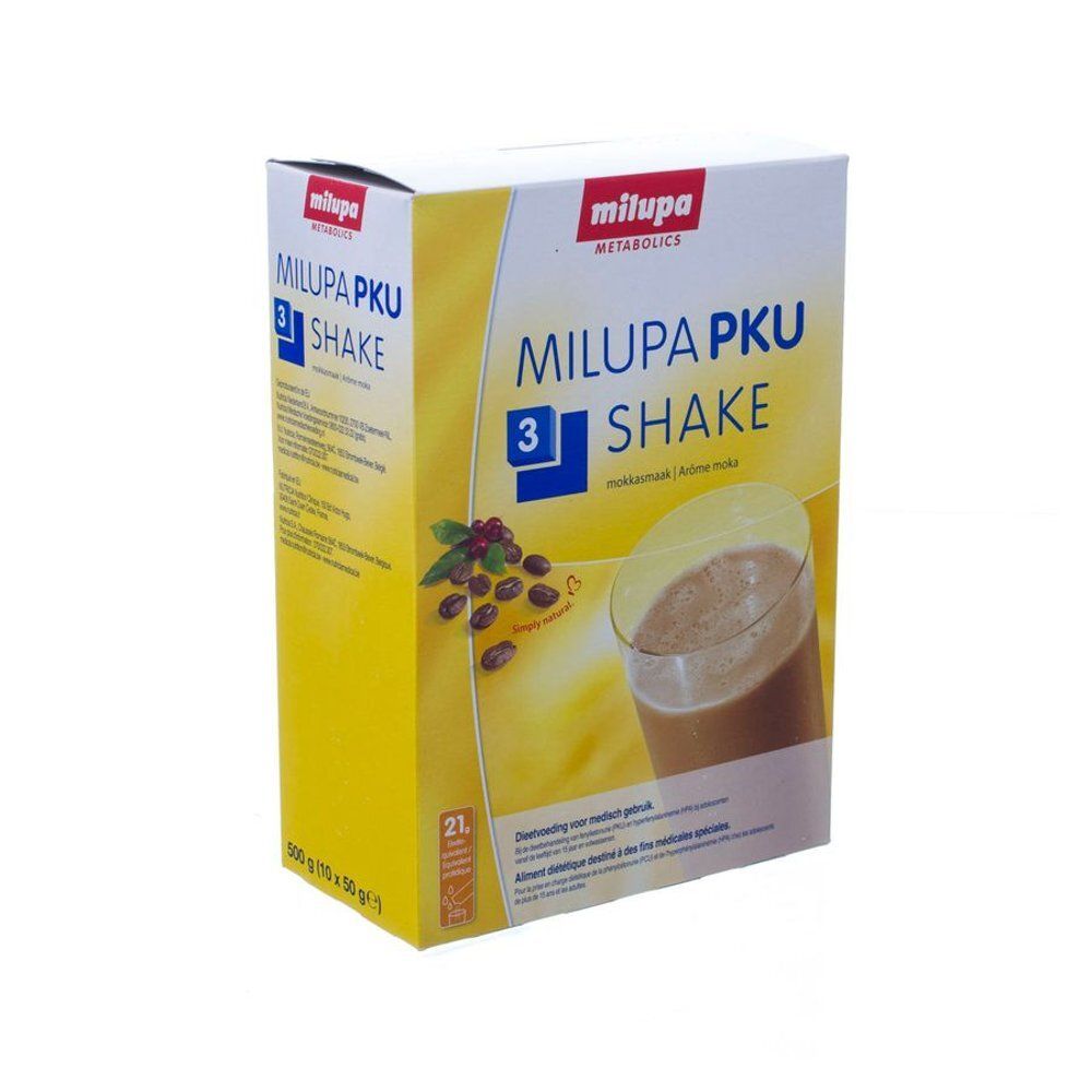 Boîte Milupa PKU 3 Shake. Inscription du nom du produit, image d'une boisson et grains de café.