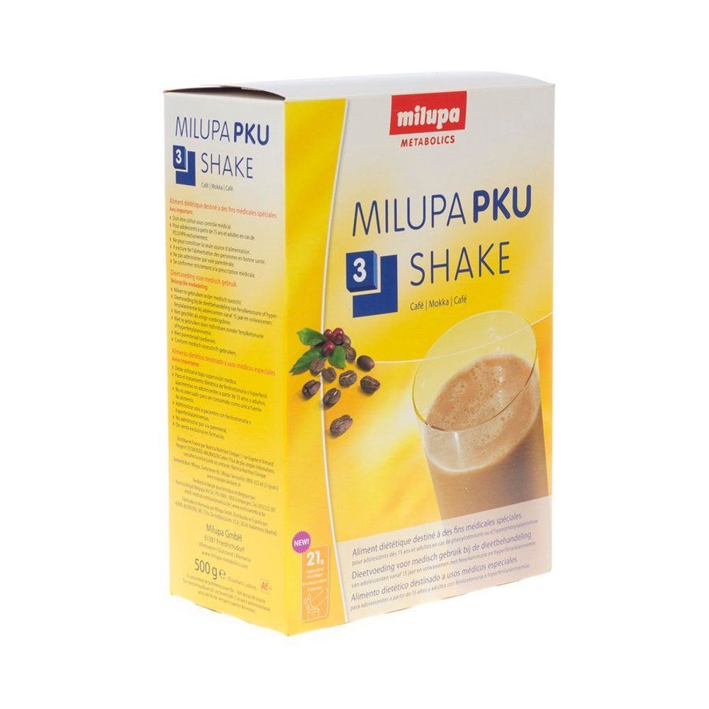 Doos Milupa PKU 3 Shake. Bedrukking met productnaam, afbeelding van drank en koffiebonen.