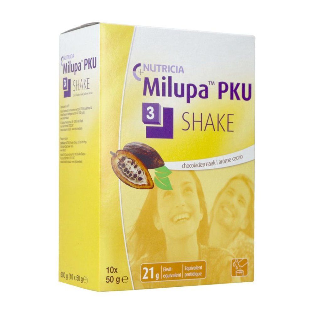 Verpakking van Milupa PKU 3 Shake. Opschrift: Nutricia, Milupa PKU 3 Shake, chocoladesmaak, 10x50g, 21g.