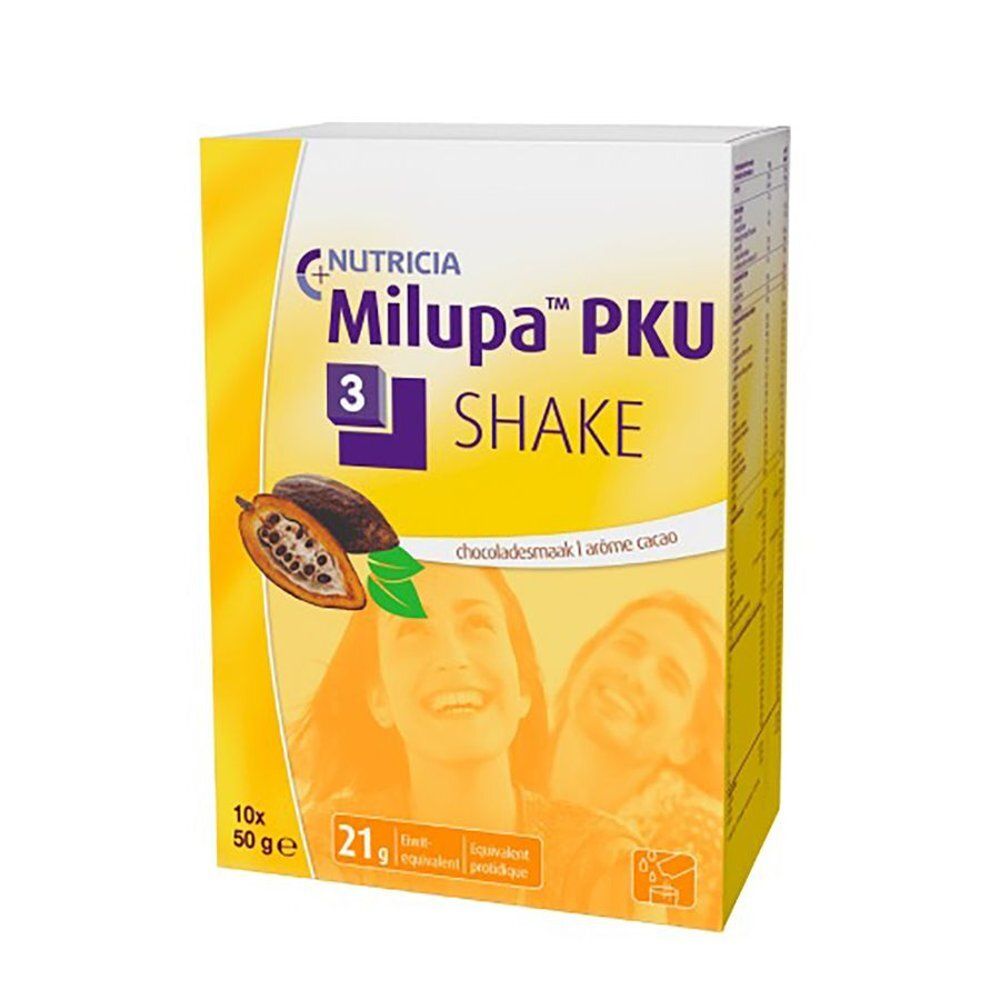 Verpakking van Milupa PKU 3 Shake. Opschrift: Nutricia, Milupa PKU 3 Shake, chocoladesmaak, 10x50g, 21g.