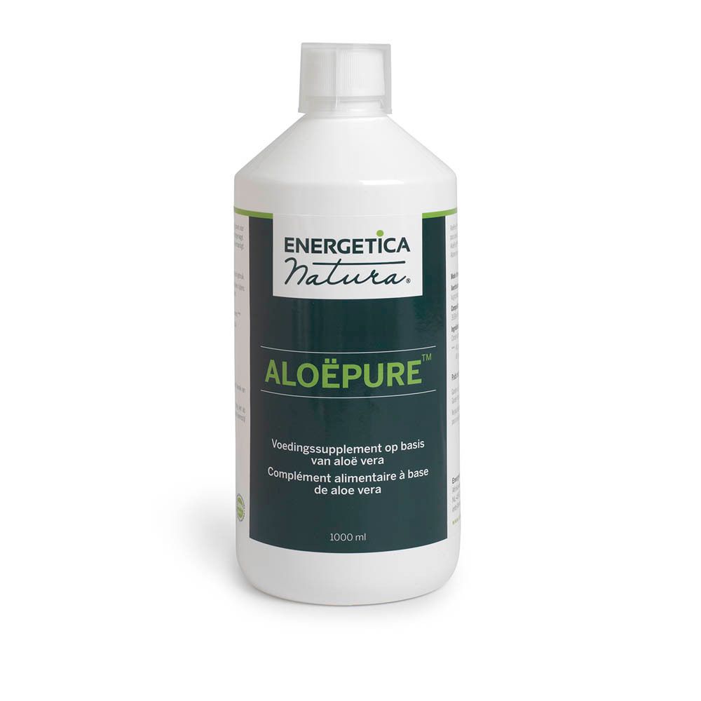 Witte fles met ALOËPURE™-label. Voedingssupplement op basis van aloë vera. 1000 ml.
