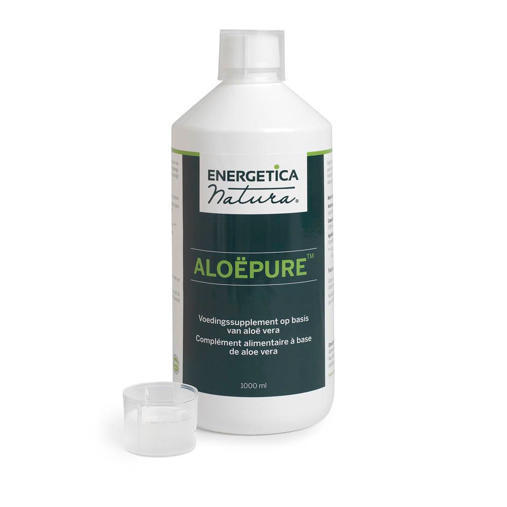 Witte fles met ALOËPURE™-label. Voedingssupplement op basis van aloë vera. 1000 ml. Met maatbeker.