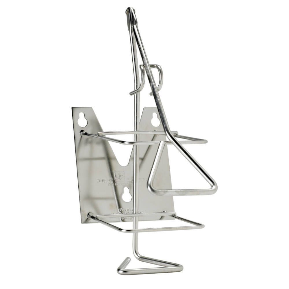 Roestvrijstalen wandhouder met elleboog. Metalen constructie met houders en haken. Voor wandmontage.