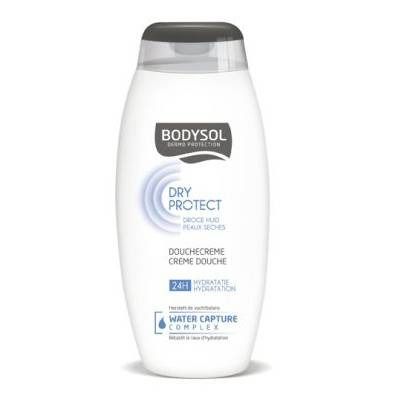 Witgrijze fles met zwarte dop. Opschrift: Bodysol Dry Protect, douchecrème, droge huid. Afbeelding: wateropnamecomplex.