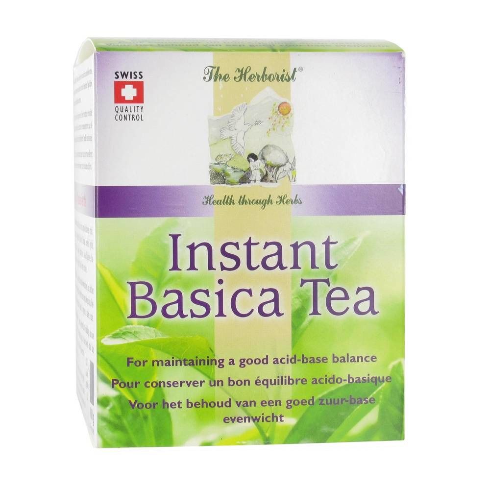 Doosje Instant Basica Tea. Zwitserse kwaliteitscontrole. Opschrift: Instant Basica Tea, Health through Herbs.