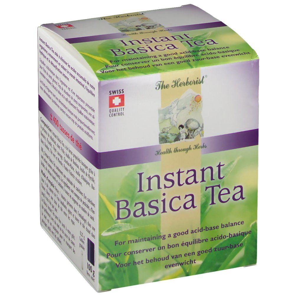 Doosje Instant Basica Tea. Zwitserse kwaliteitscontrole. Opschrift: Instant Basica Tea, Health through Herbs. 100g.
