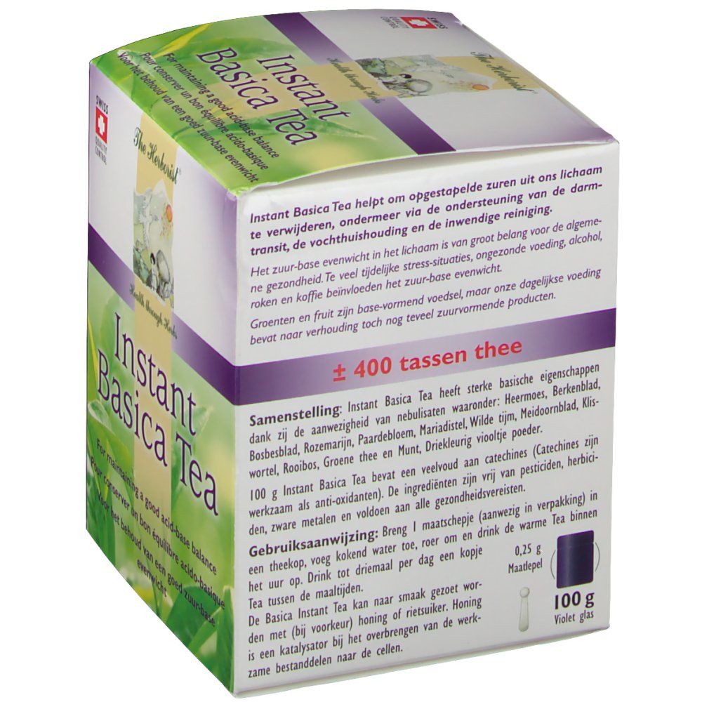 Doosje Instant Basica Tea. Opschrift: Instant Basica Tea, Health through Herbs. 100g. ±400 kopjes thee.