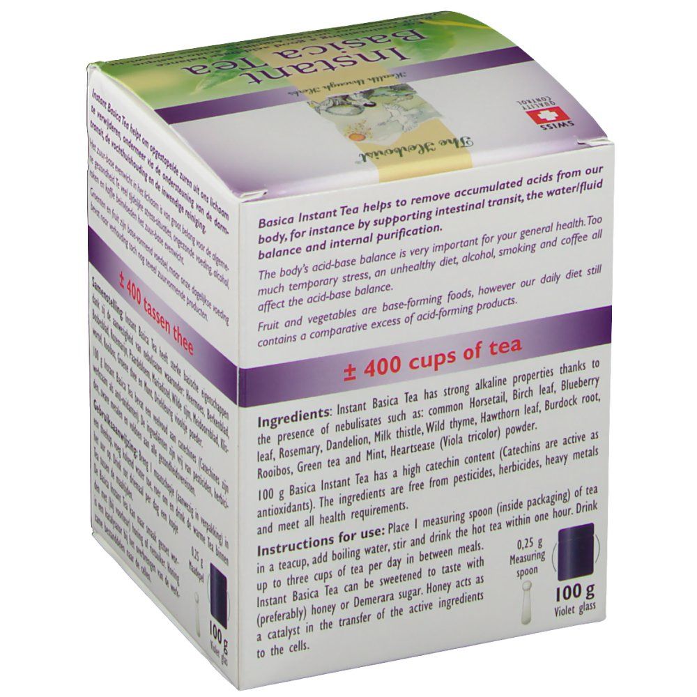 Doosje Instant Basica Tea. Opschrift: Instant Basica Tea, Health through Herbs. 100g. ±400 kopjes thee. Maatschepje.