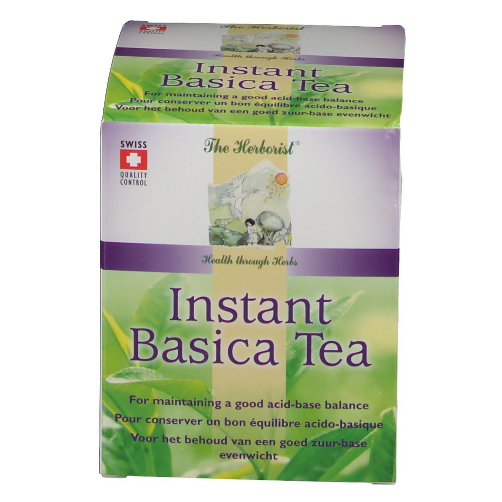 Doosje Instant Basica Tea. Zwitserse kwaliteitscontrole. Opschrift: Instant Basica Tea, Health through Herbs.