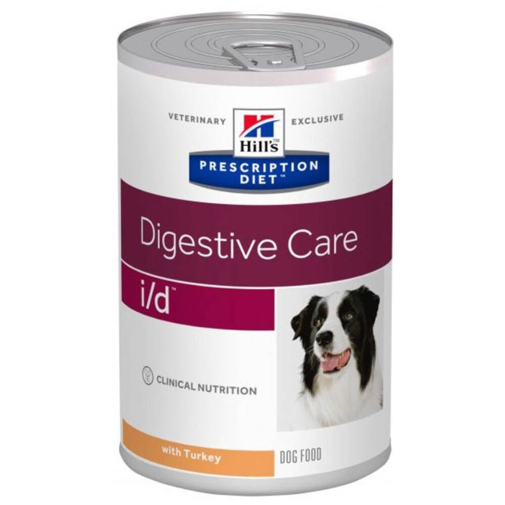 Boîte de Hill's Prescription Diet i/d avec de la dinde. Nourriture pour chiens. Logo, nom du produit et chien. Avec languette d'ouverture.