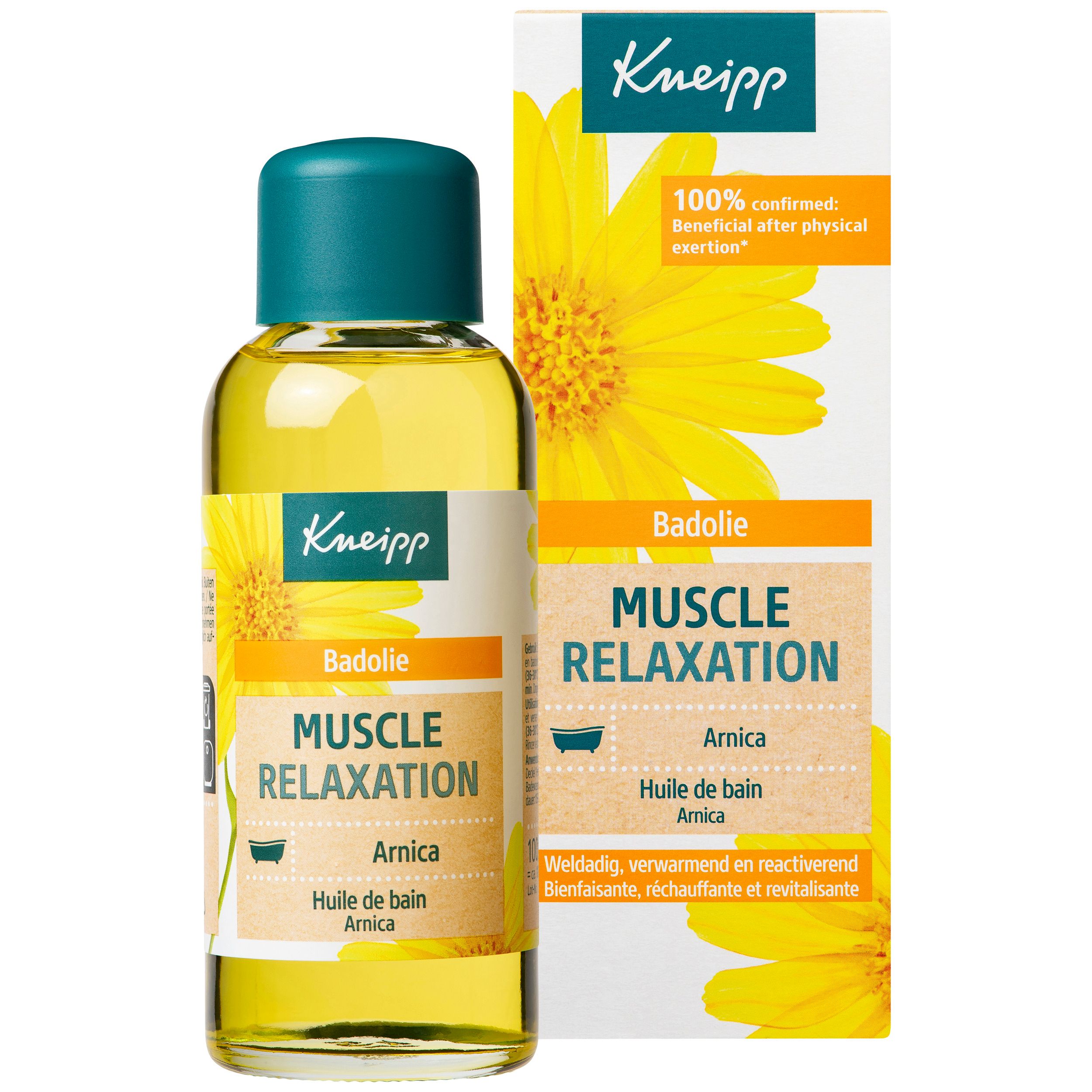 Kneipp Muscle Relaxation badolie. Gele vloeistof in fles met groene dop. Opschrift: Muscle Relaxation.