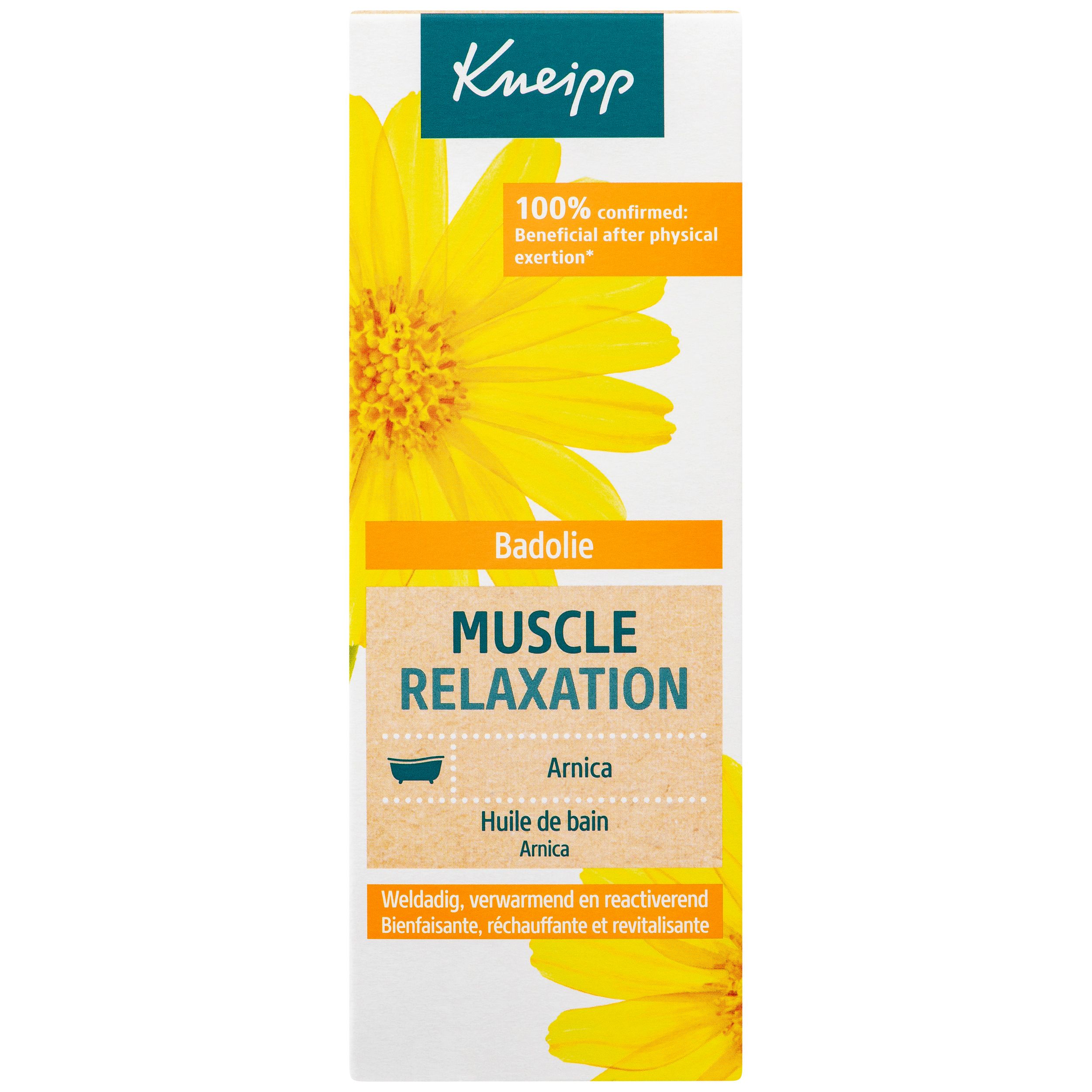 Kneipp Muscle Relaxation badolie verpakking. Doos met gele bloemen. Opschrift: Muscle Relaxation.