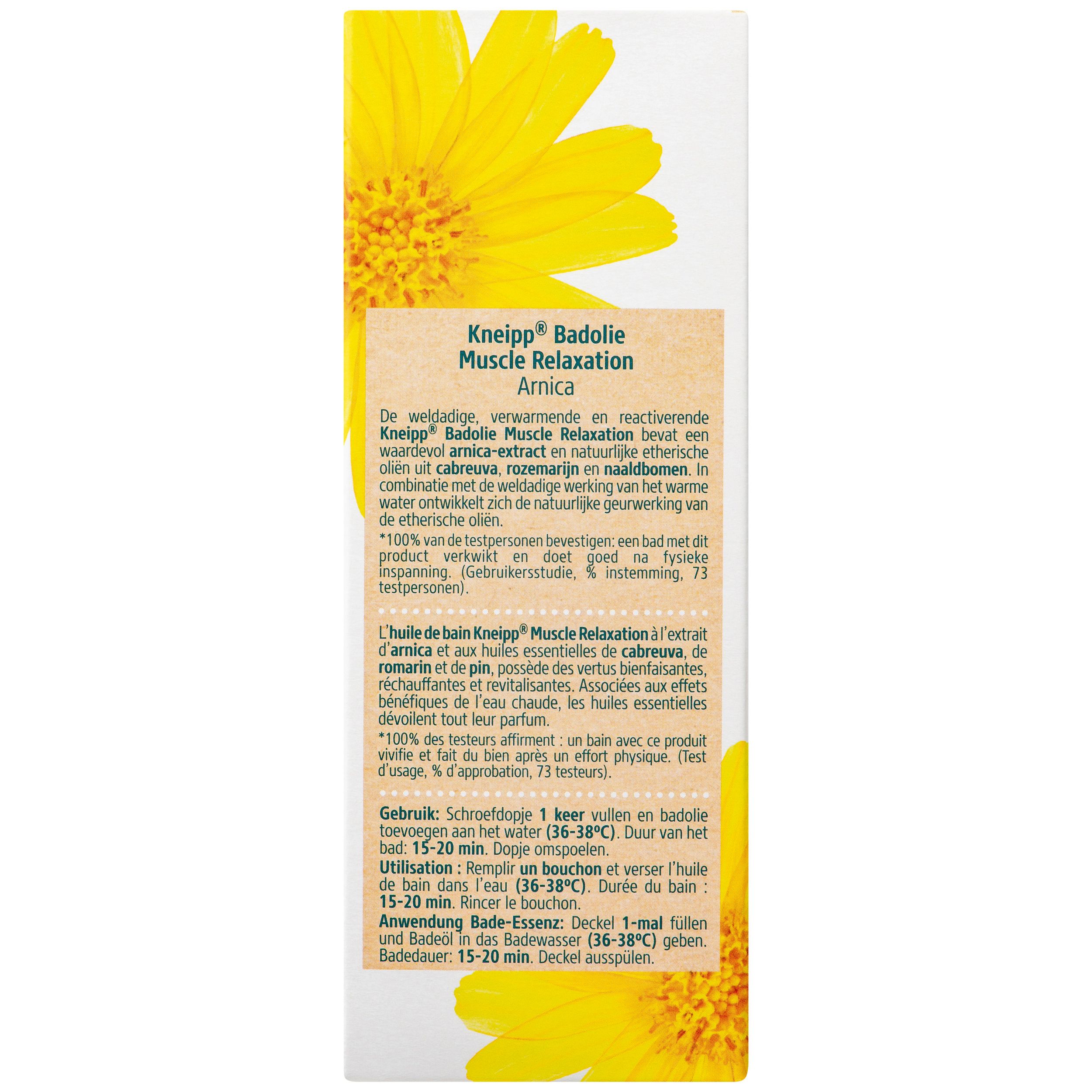 Achterkant van de Kneipp Muscle Relaxation badolie verpakking. Tekst en gele bloem. Groene dop.