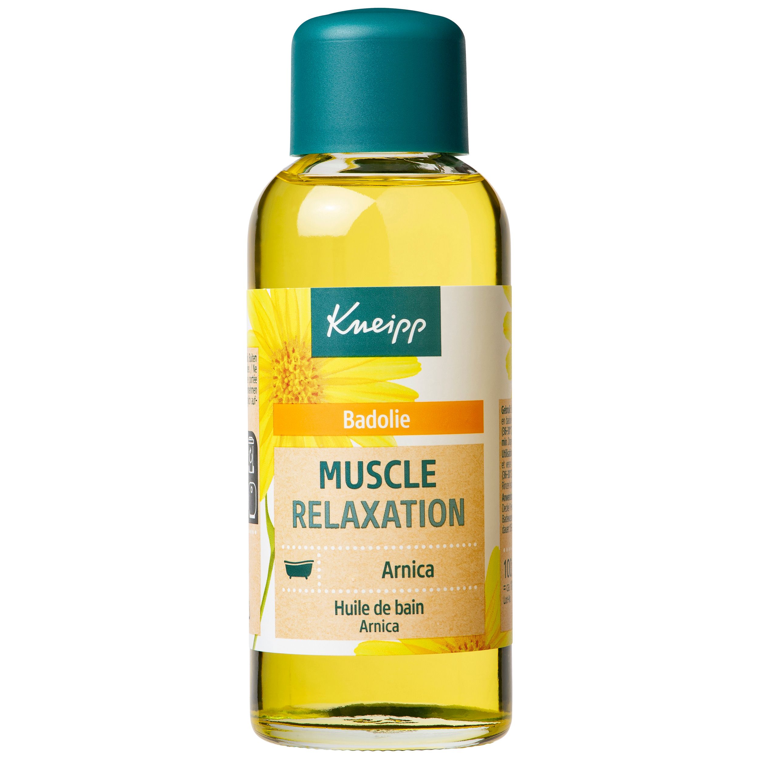 Kneipp Muscle Relaxation badoliefles. Gele vloeistof, groene dop. Opschrift: Muscle Relaxation.