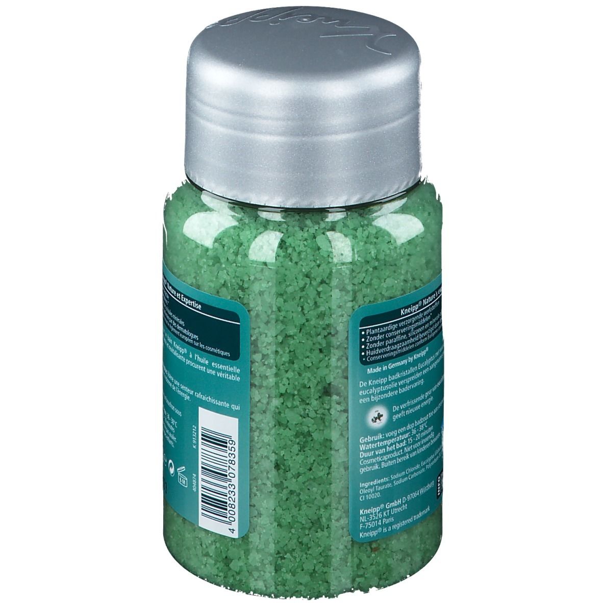 Achterkant van de Kneipp Badkristallen Eucaliptus pot. Tekst: Nature et Expert, ingrediënten, gebruiksaanwijzing. Groene achtergrond, barcode.