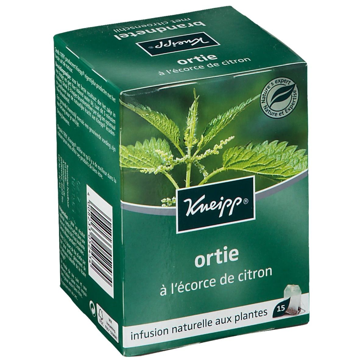 Boîte verte Kneipp avec logo et inscription "Ortie à l'écorce de citron". Image d'ortie. Contient 15 sachets de thé.