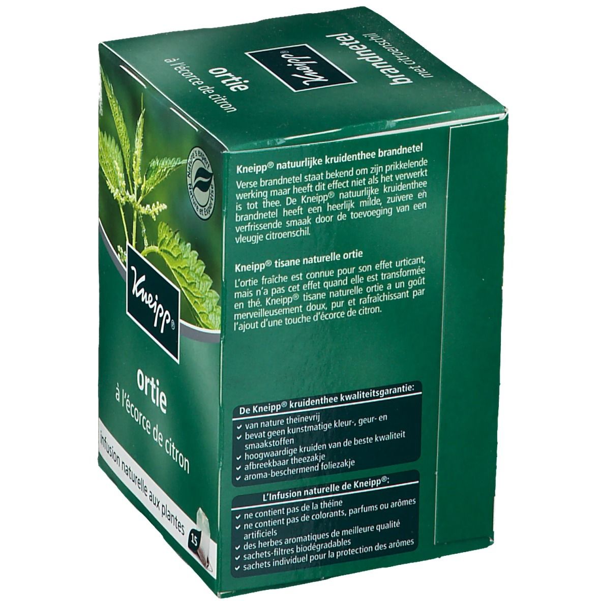 Boîte verte avec texte en néerlandais et français. Logo Kneipp et image d'ortie. Texte sur la qualité.