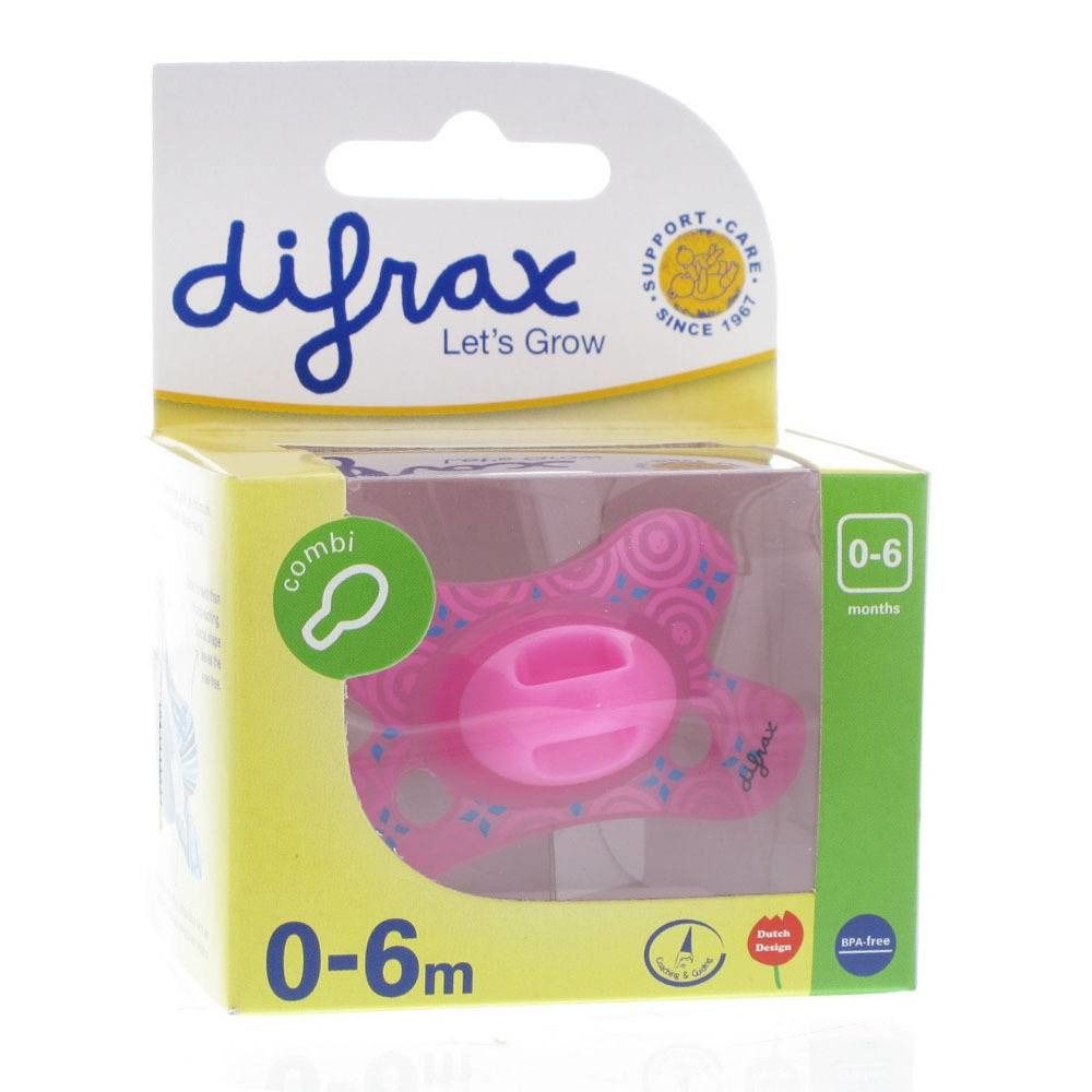 Sucette rose dans un emballage. Inscriptions "difrax" et "0-6m". Caractéristiques visibles : sucette, emballage, recommandation d'âge.
