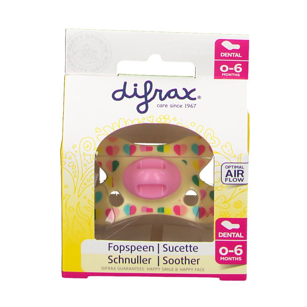 Emballage avec sucette. Fenêtre montrant la sucette. Texte: difrax®, 0-6 mois. Circulation d'air optimale.