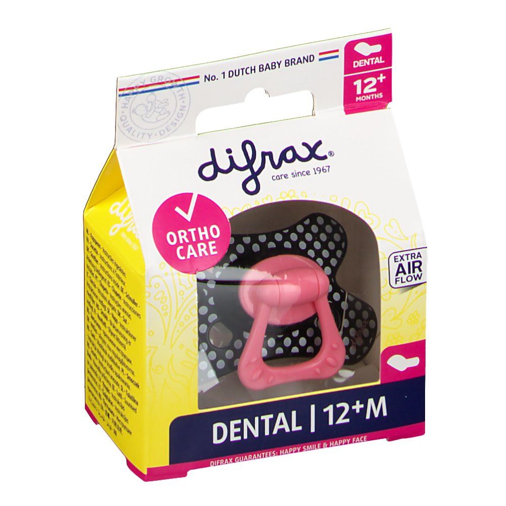 Verpakking met fopspeen. Roze fopspeen, zwarte achtergrond met witte stippen. Opschriften: Dental 12+M, Ortho Care, Extra Air Flow.