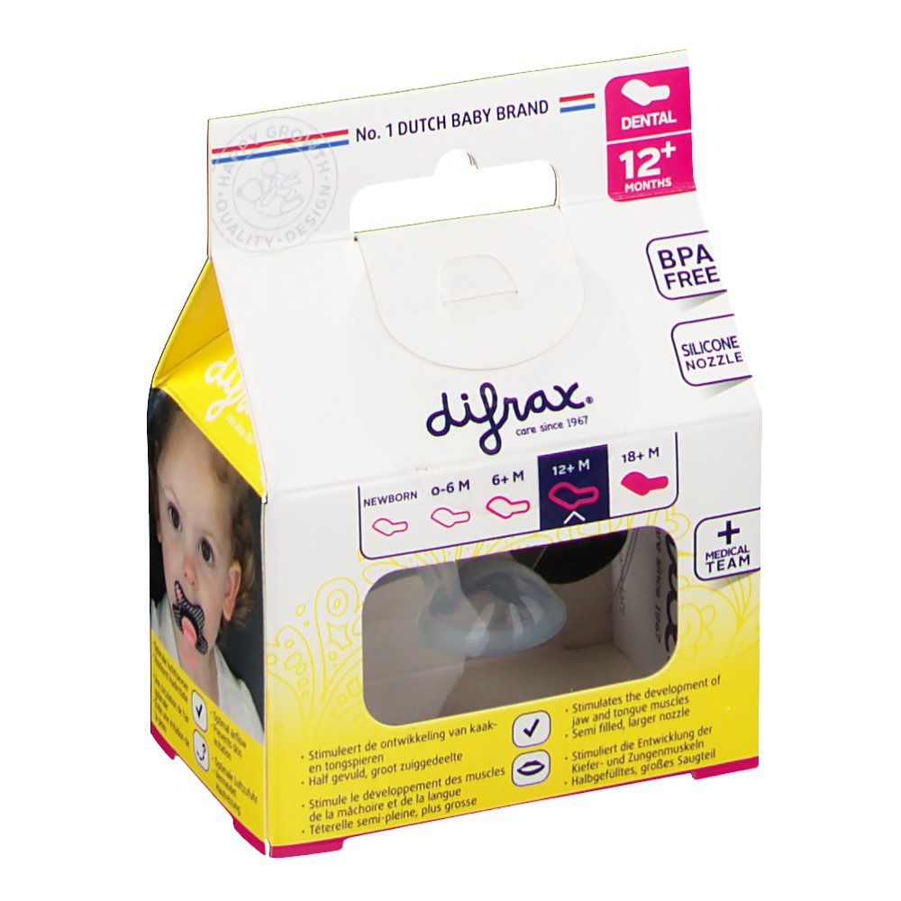 Verpakking met fopspeen. Transparante fopspeen, baby. Opschriften: Dental 12+M, BPA Free, Silicone Nozzle, Ortho Care.