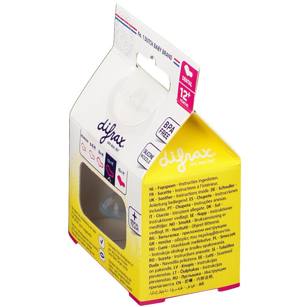 Verpakking met fopspeen. Opschriften: Dental 12+M, BPA Free, Silicone Nozzle. Meertalige instructies.