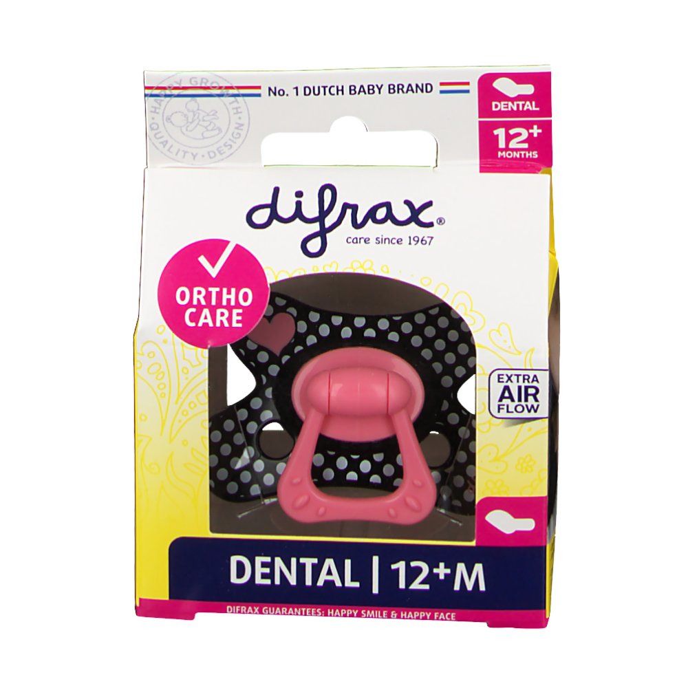 Verpakking met fopspeen. Roze fopspeen, zwarte achtergrond met witte stippen. Opschriften: Dental 12+M, Ortho Care, Extra Air Flow.