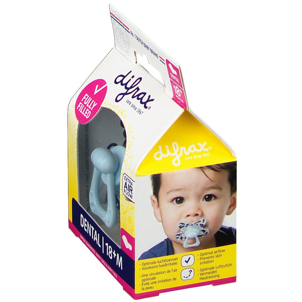 Bébé avec sucette en bouche. Emballage avec sucette. Logo de la marque et nom du produit. Flux d'air supplémentaire.