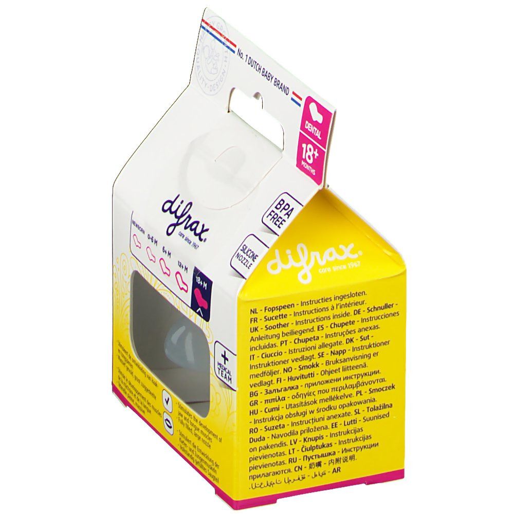 Emballage avec sucette. Logo de la marque et nom du produit. Sans BPA, tétine en silicone. Instructions multilingues.