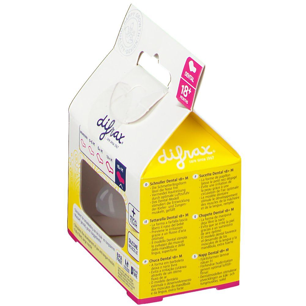 Emballage de sucette. Dos avec informations sur le produit. Texte: difrax, 18+ mois, Dental, Fopspeen, Sucette, Schnuller, Soother.