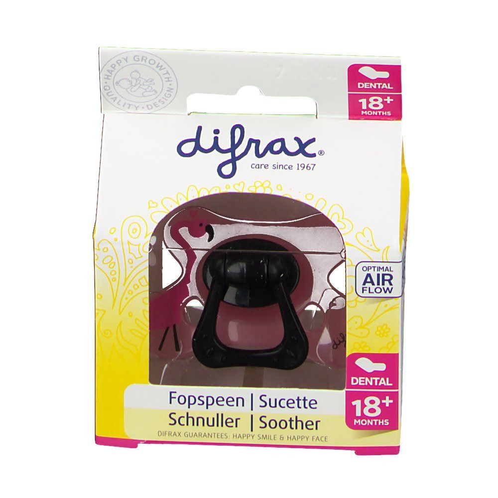 Emballage de sucette. Tétine noire, bouclier rose. Illustration de flamant rose. Texte: difrax, 18+ mois, Dental, Fopspeen, Sucette, Schnuller, Soother.