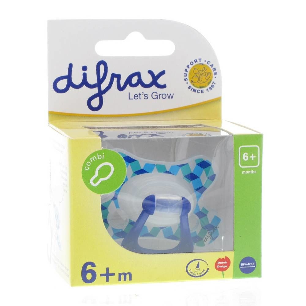 Difrax speen in verpakking. Blauw-wit patroon, blauw mondstuk, groene ring. Aanbevolen voor 6+ maanden.